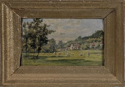 tableau représentant un paysage avec des moutons paissant dans un pré verdoyant