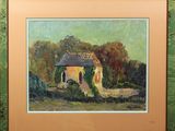 an image of a painting of a house in a field
