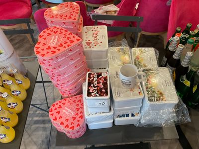 a table with many boxes of food on it