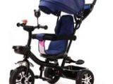 the tricycle is blue and has black wheels and a blue canopy