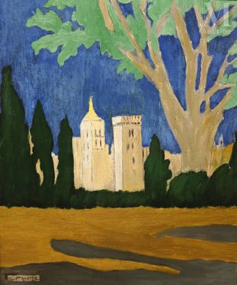 peinture représentant un tableau d'un château avec des arbres au premier plan
