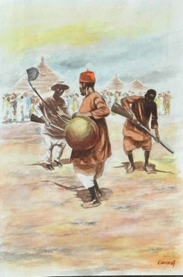 painting of a group of men carrying a large drum in a field