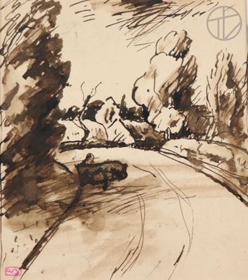drawing of a drawing of a road with trees in the background