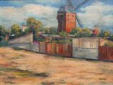 an oil painting of a windmill on a hill with a fence
