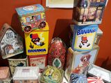 many different types of tins on display on the table
