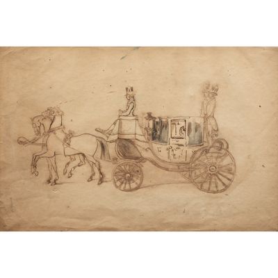 un vieux dessin représentant une calèche tirée par des chevaux, avec des personnes à bord