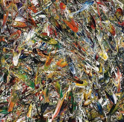 une peinture abstraite comportant de nombreuses couleurs et formes différentes