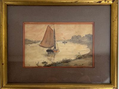tableau représentant un voilier sur un plan d'eau, avec une petite île en arrière-plan