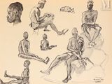 croquis représentant un homme assis sur un rocher, les jambes croisées