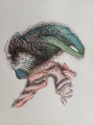 dessin représentant un homme portant un chapeau à plumes et dont on voit les mains