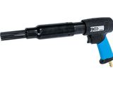 a close up of a blue and black air gun on a white background