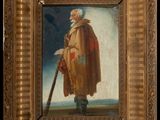 an old painting of a man in a brown coat holding a cane