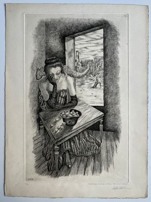 dessin représentant une femme assise à une table devant un bol de fruits