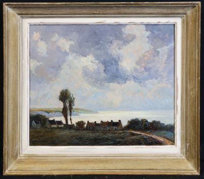 a painting of a landscape with cows grazing in the distance