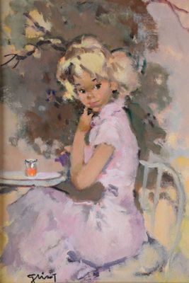 tableau représentant une femme en robe rose, assise à une table avec une tasse de thé