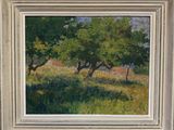 an oil painting of a field with trees and a house in the distance