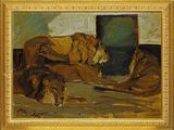 tableau représentant deux lions se reposant par terre devant un téléviseur