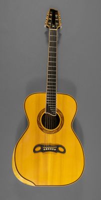 a close up of an acoustic guitar on a gray background