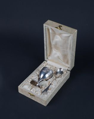 a silver spoon and spoon set in a wooden box
