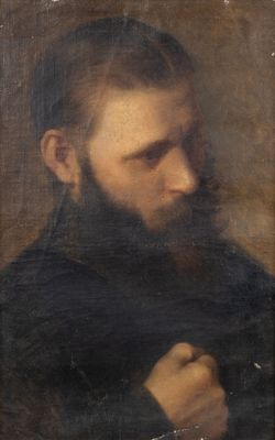 un tableau représentant un homme barbu vêtu d'une chemise noire