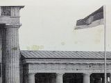 a black and white photo of a building with two flags flying