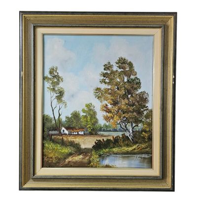 a painting of a farm scene with a river and trees