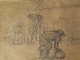 dessin représentant un homme poussant une brouette, avec une charrette au premier plan