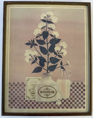 painting of a vase of flowers and a bottle of milk on a checkered table cloth