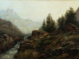 an image of a painting of a mountain scene with a cabin