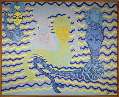 un tableau représentant deux sirènes dans l'eau, avec le soleil au-dessus d'elles