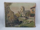 un vieux tableau représentant un village avec un pont et une église