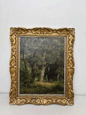 an oil painting of a forest scene with a deer in the foreground