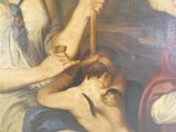 un tableau représentant une femme en train de couper les cheveux d'un homme avec des ciseaux