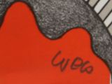 a drawing of a man with a mustache on a red background