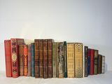 many books lined up on a white table