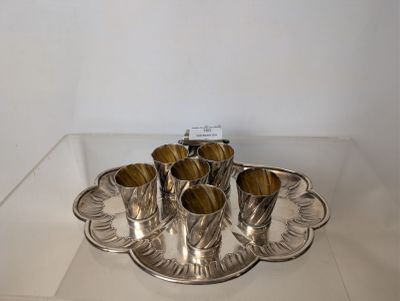 a silver tray with six cups on it