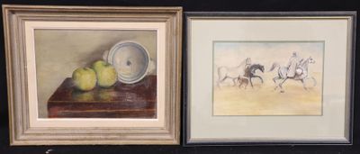 two framed paintings of fruit and a bowl on a table