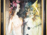 une peinture à l'huile représentant deux personnes en costume, debout l'une à côté de l'autre