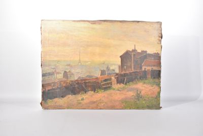 tableau représentant une vue d'une ville depuis une colline par une journée ensoleillée