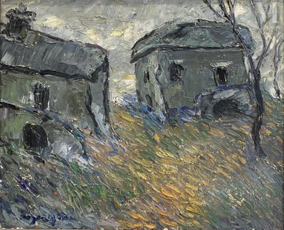 une peinture à l'huile représentant deux anciens bâtiments agricoles dans un champ