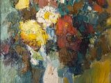 une peinture de fleurs dans un vase sur une table