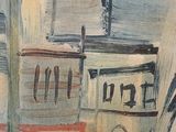 a painting of a building with a clock on top of it
