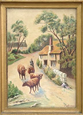 a painting of cows walking down the road by a house