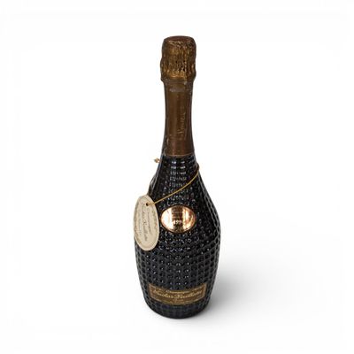 a bottle of champagne on a white background with a tag