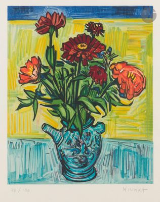 a painting of flowers in a blue vase on a table