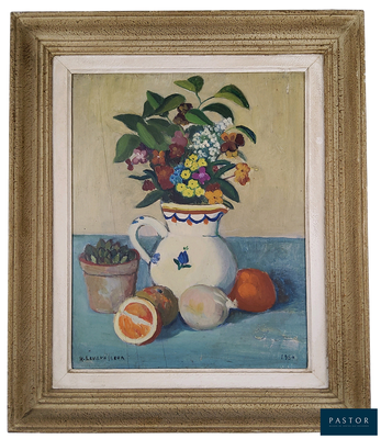 une peinture représentant un vase de fleurs et de fruits sur une table