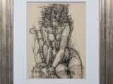 a black and white drawing of a man sitting in a chair