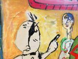 un tableau représentant un homme et une femme regardant un téléphone portable
