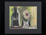 tableau représentant un vase de fleurs et une bouteille de vin posés sur une table
