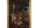 a painting of a group of people gathered around a fountain